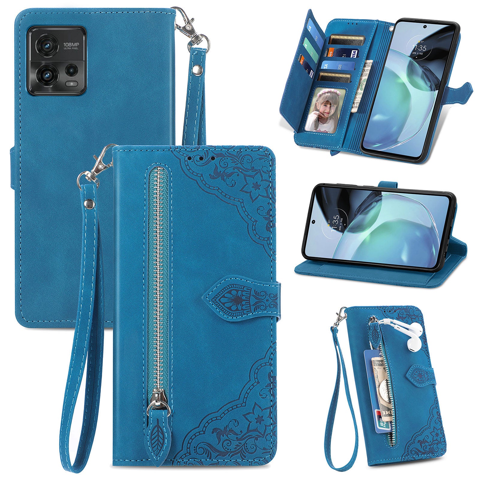 Pro Motorola Moto G72 4G Květinový vzor s potiskem Kapsa na zip Kryt mobilního telefonu Stojánek Nárazuvzdorný Flip Kožená Peněženka Pro Motorola Moto G72 4G Květinový vzor s potiskem Kapsa na zip Kryt mobilního telefonu Stojánek Nárazuvzdorný Flip Kožená Peněženka